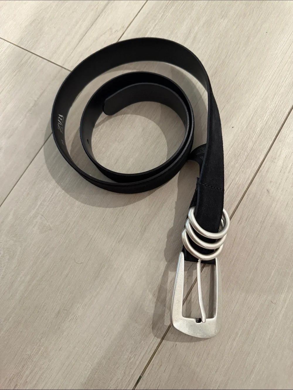 Zara Split Black Leather Belt with Rectangular Buckle & Triple Loop